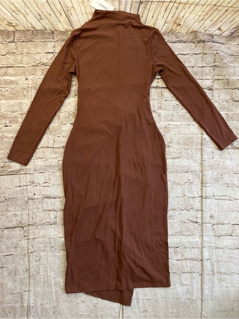NWT ZESICA brown, long sleeve mock neck, detailed mid dress size M. - Picture 6 of 12
